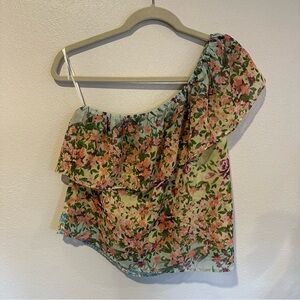 Yumi Kim Green and Pink Fairycore Floral Ruffle One Shoulder Blouse Size XS